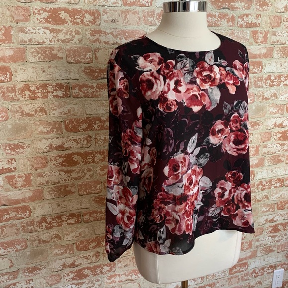CUPCAKES AND CASHMERE Blouse Floral Top Large Burgundy Wine - Picture 3 of 11